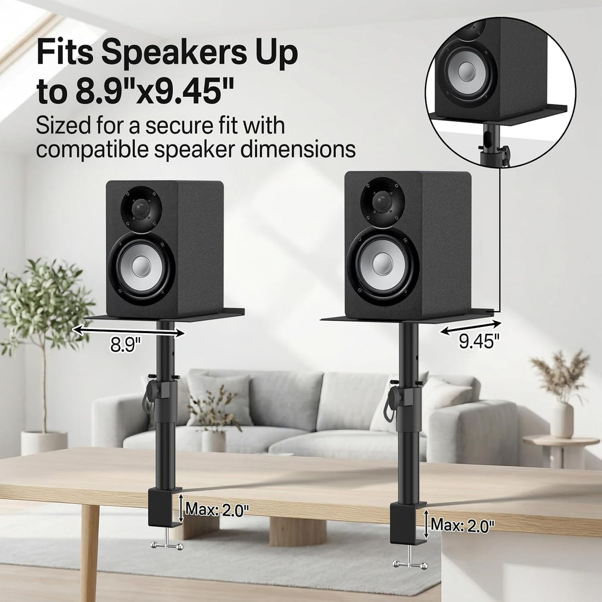 Clamp-On Desktop Speaker Stand Pair, Heavy-Duty 9.3" x 8.9 Plate for Edifier, KRK, Klipsch, Yamaha, Samsung HW-Q Series, Height&Angle Adjustable Bookshelf Speaker Stands, Built-in Cable Management