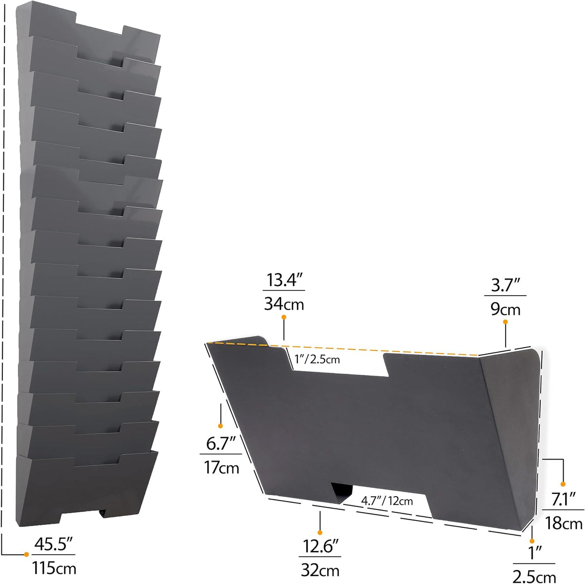 Wallniture Lisbon 15-Tier Wall Mounted File Holder and Desk Organizer, Metal Gray Office Organization and Storage Rack