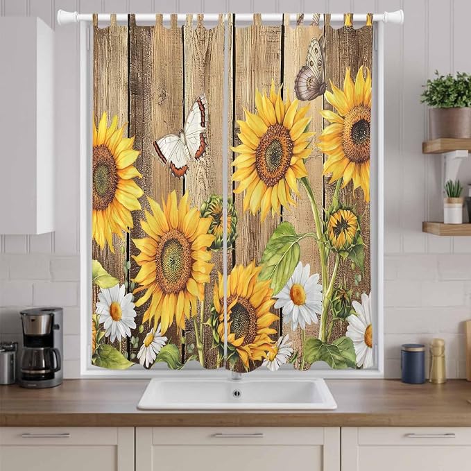 Farmhouse Sunflowers Living Room Curtains 96 Inch Length, Window Curtains Tab