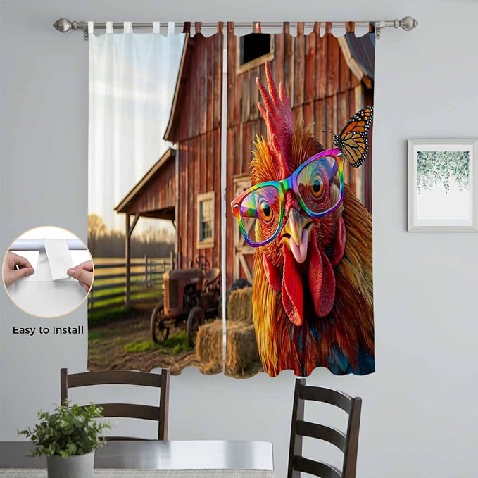 Farm Rooster Living Room Curtains 96 Inch Length, Window Curtains Tab Top