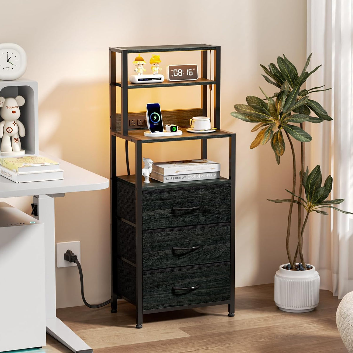 Furnulem Night Stand, Tall Nightstand with Charging Station for Bedroom