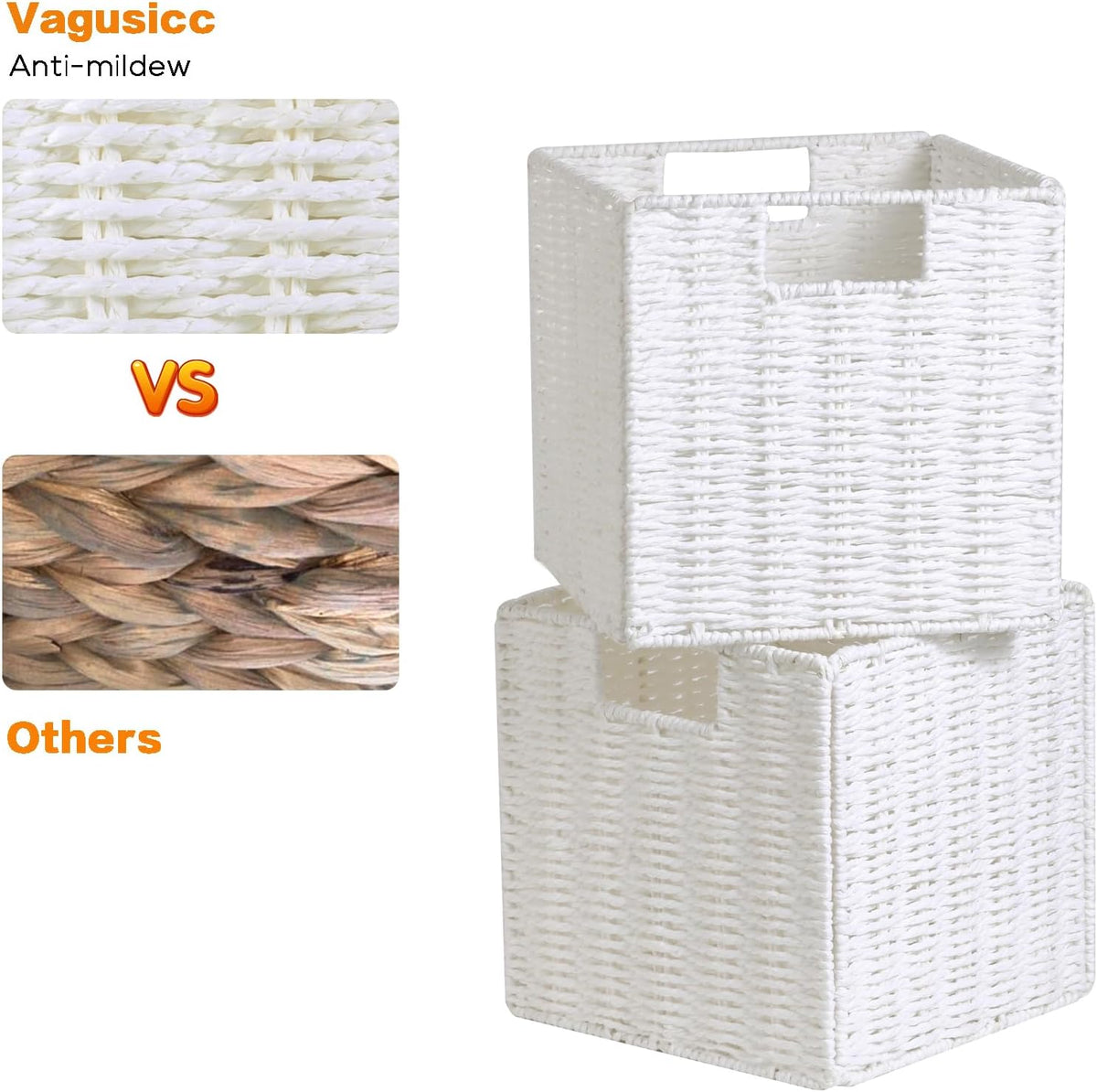 Vagusicc Wicker Storage Basket, Set of 2 Hand-Woven Wicker Baskets for Organizing, Foldable Cube Storage Basket Bins, 13 Inch Large Wicker Storage Baskets for Shelves & Decor, White (13''x13''x13'')