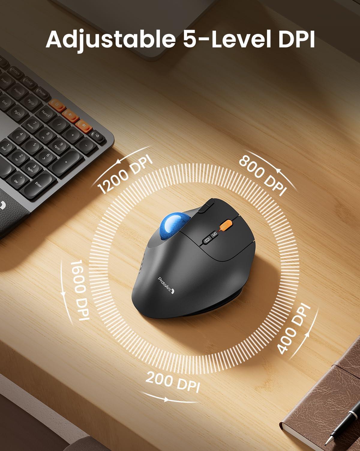 ProtoArc EM02 Wireless Trackball Mouse, 0/15° Adjustable Angle, Blue