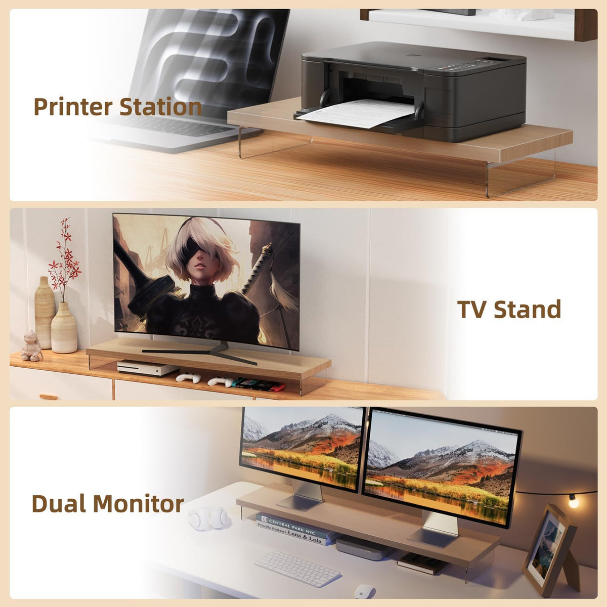 Dual Monitor Stand Riser, 40" Large Computer Monitor Stands for 2 Monitors, Wooden Desktop Organizer Shelf for Office Desk Computer, Laptop, TV, Monitor, Printer