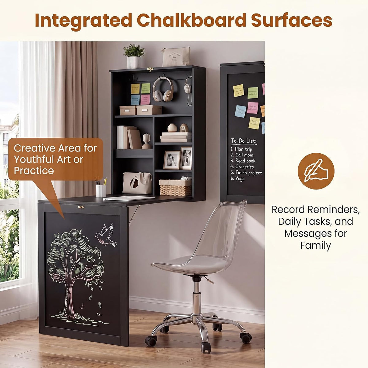 Tangkula Foldable Wall-Mounted Desk, Floating Desk with Chalkboard, Storage Shelves & Hooks, Space-Saving Murphy Table for Home Office, Bedroom, Dorm Room, Small Spaces