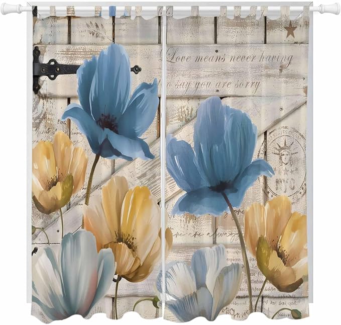 Blue Yellow Tulips Living Room Curtains 96 Inch Length, Window Curtains Tab Top