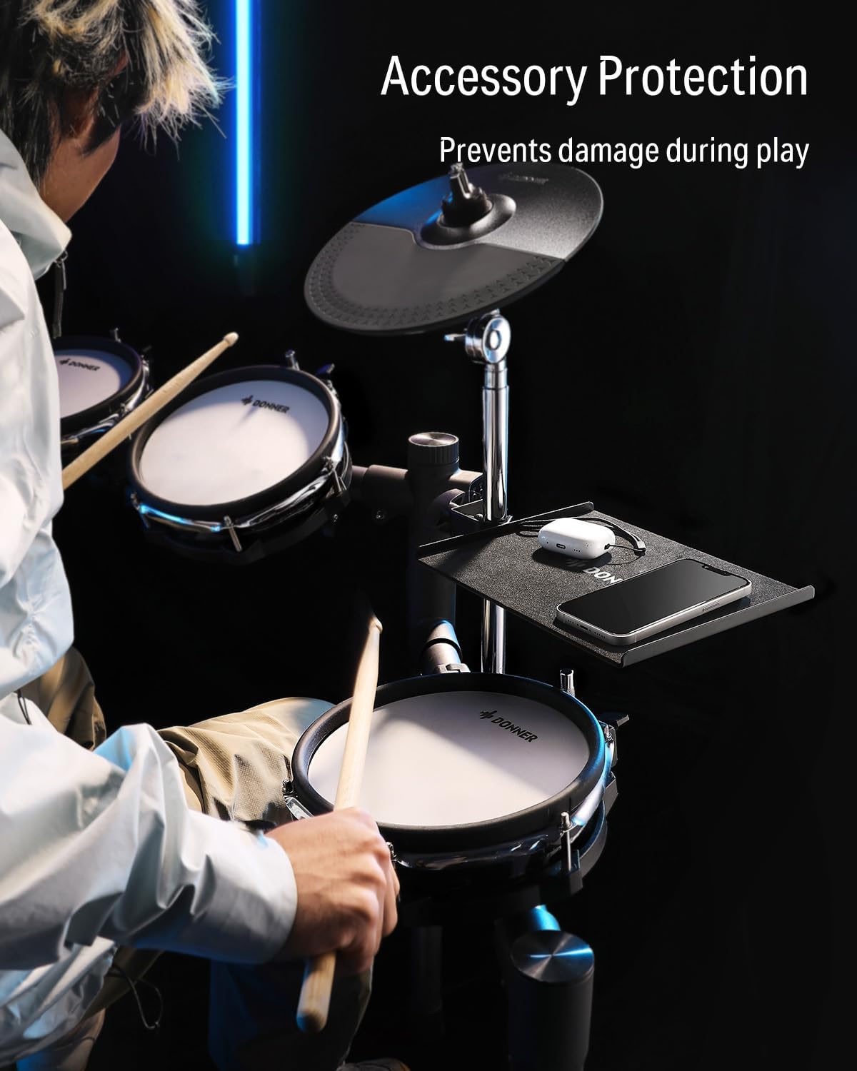 Donner Percussion Table for Drum Sets, Drum Accessory Holder Tray with Clamp On Shelf, Stable Flexible Microphone Stand with EVA Pad, Shock Absorbing, Large Surface