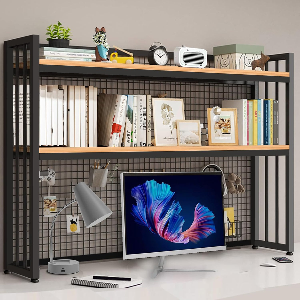 Desktop Hutch Bookshelf Metal Desk Shelf, 2-Tier Storage Display Shelf for Computer Desk, Multifunctional Freestanding Storage Rack Display Shelf for Office, Home Decor, Kitchen (45.2*35*9.44 IN)