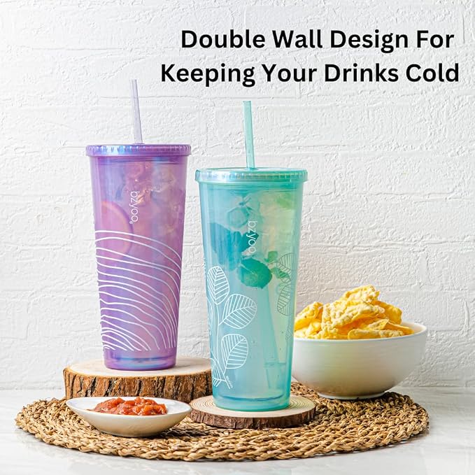 bzyoo 24oz Plastic Tumbler Cup, Lid & Straw, Iced Coffee, Pearl Green Leaf