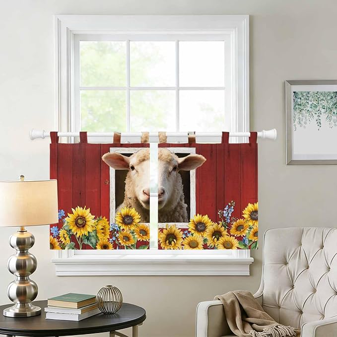 Sheep Sunflower Kitchen Curtains 24 Inch Length, Small Window Curtains Tab Top