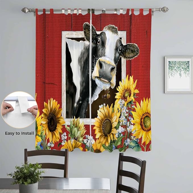 Cows Sunflowers Living Room Curtains 84 Inch Length, Window Curtains Tab Top
