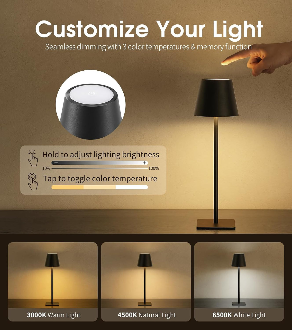 UME 3 Pack Cordless Table Lamp, Battery Operated Lamp - Portable Waterproof Rechargeable Table Lamp w/ 3 Color Temps & Stepless Dimming for Dinner, Desk, Cafe, Outdoor (Black)