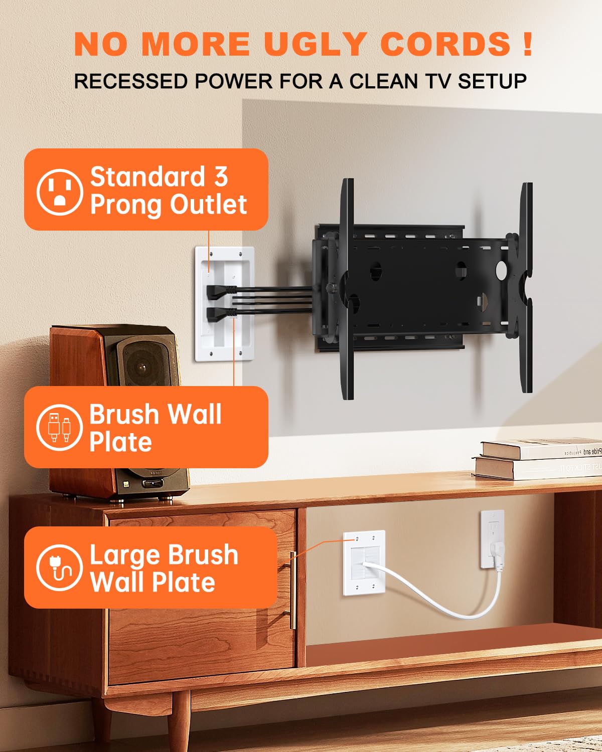 in Wall Cable Management Kit with Recessed Outlet Box, TV Cord Hider & Concealer - Dual Power Outlet, Large Pass-Through for HDMI Cables, UL Listed for Wall Mounted TV