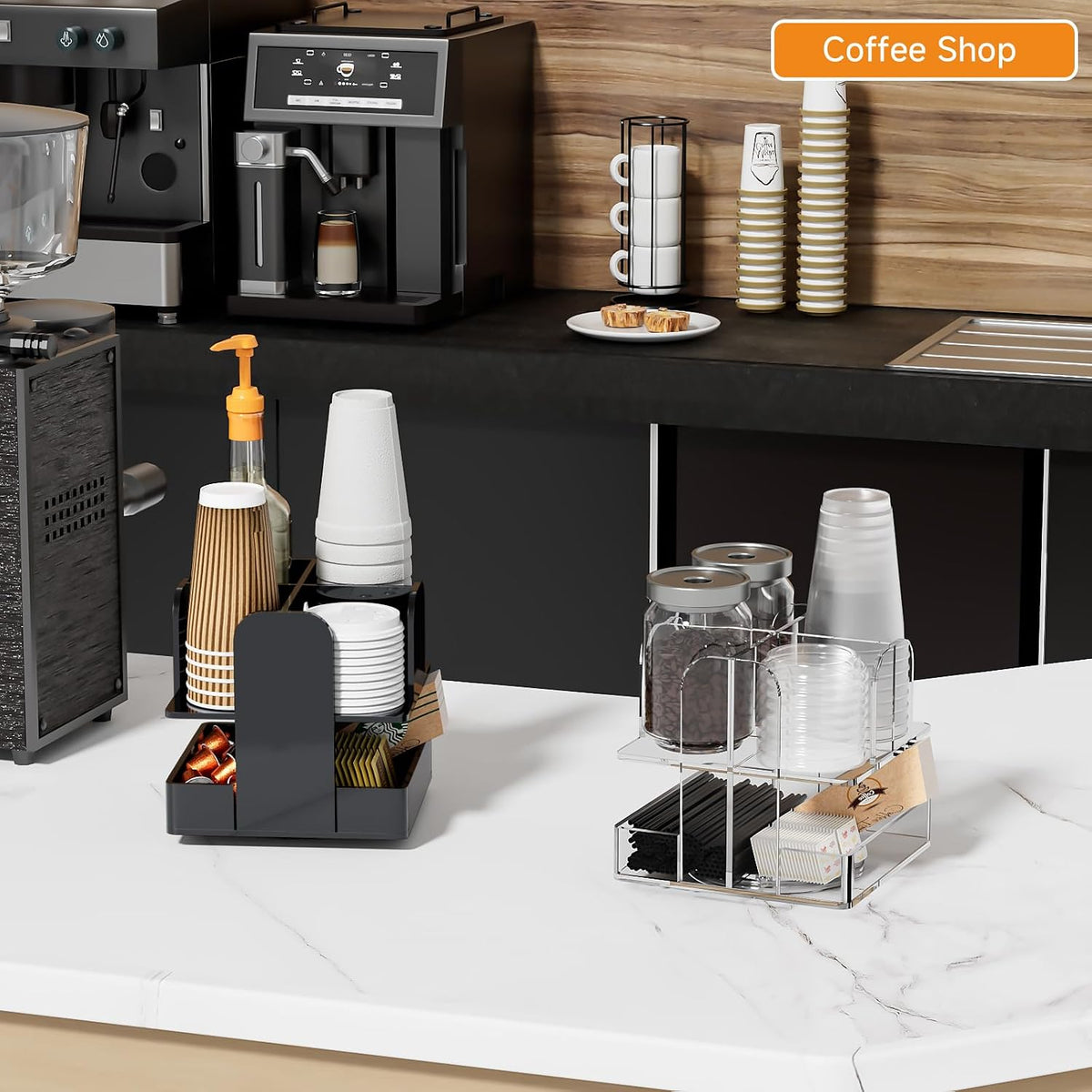 Beego Rotatable 6 Compartment Clear Acrylic Cup Dispenser - Coffee Station Cup and Lid Carousel Countertop Plastic Cup Holder for Restaurant Breakroom Coffee Bar