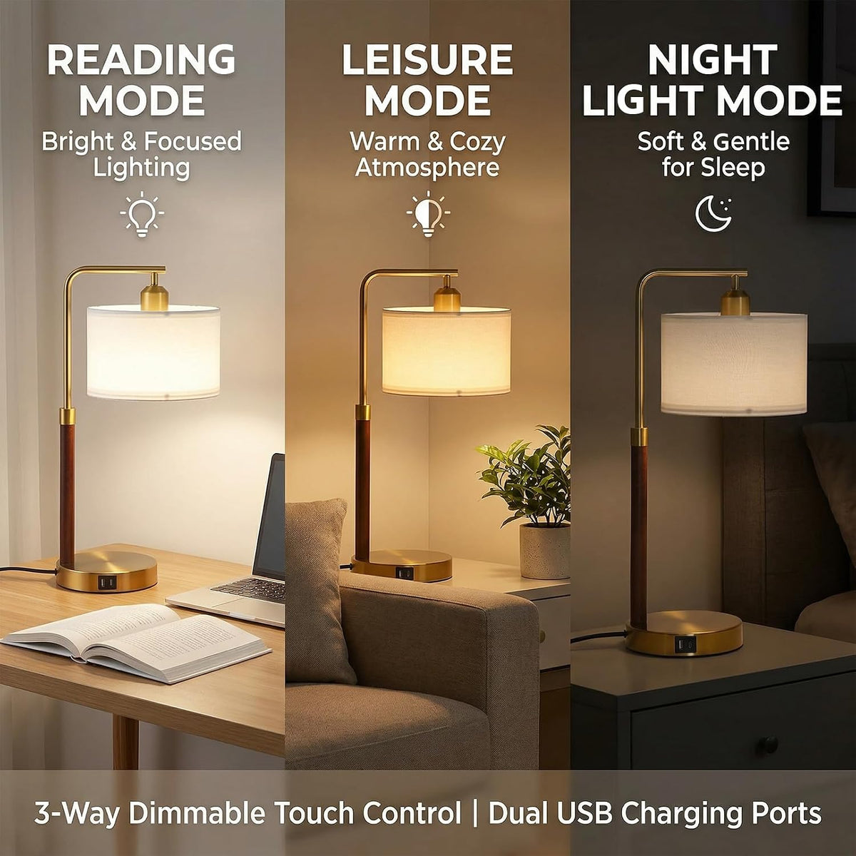 LAMSU Touch Lamp for Nightstand, Mid Century Table Lamp with Bulb, Solid Wood Pole, Dimmable Bedside Lamp with USB Charging Ports, Modern Gold Tall Desk Lamps for Bedroom Living Room Office