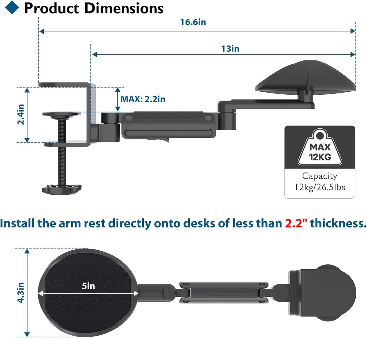 BONTEC Adjustable Arm Rest for Desk, 360° Rotating & Extendable, Aluminum
