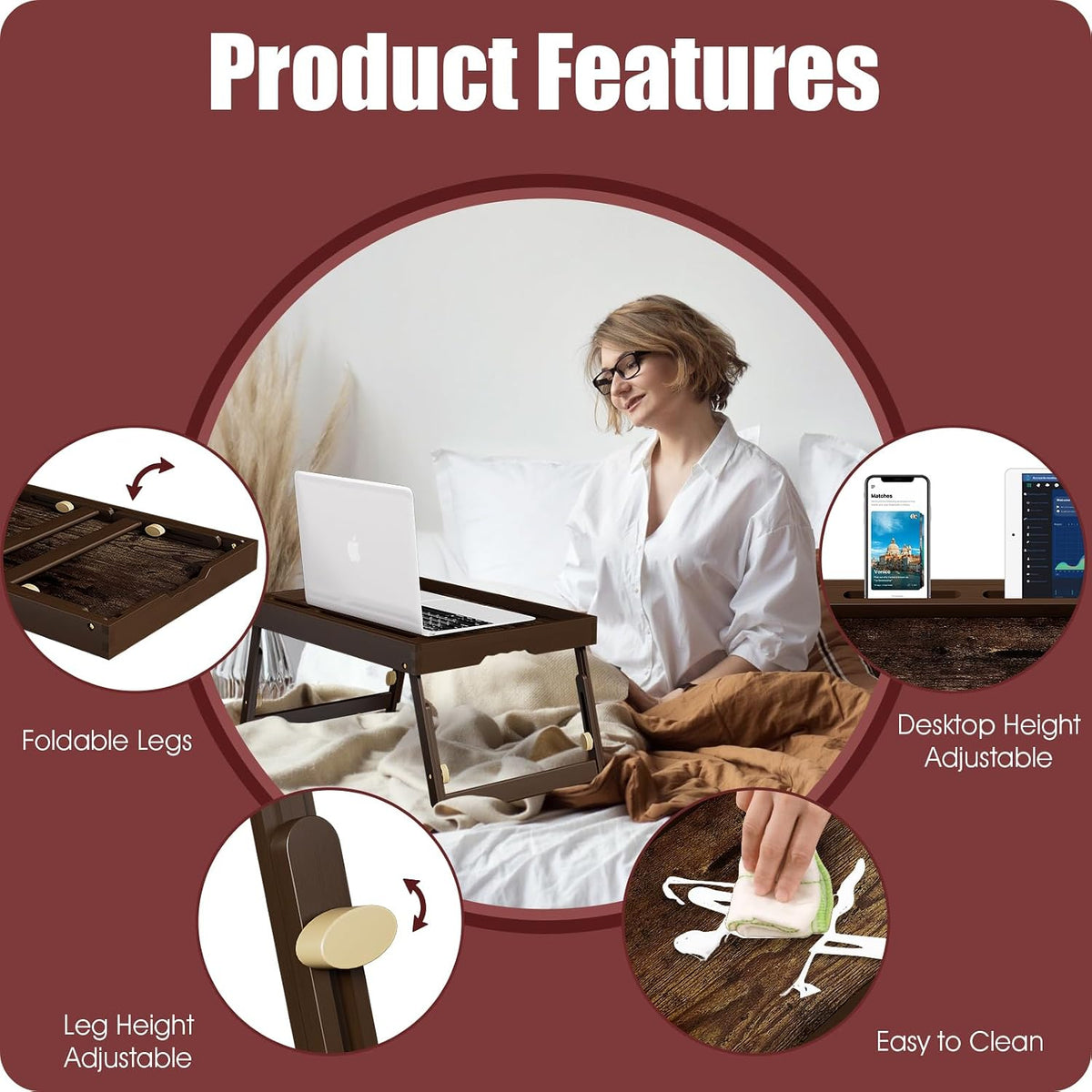 Adjustable Bamboo Bed Tray Table with Device Stand, Large