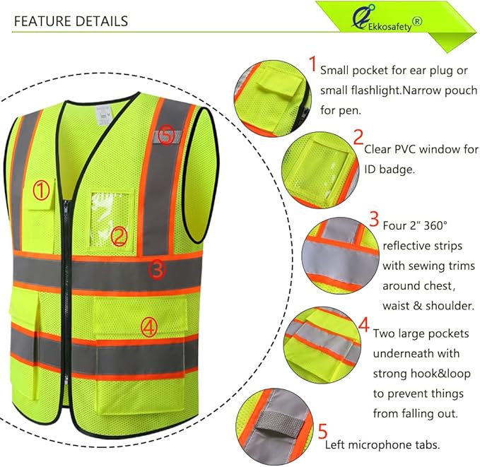 Reflective Mesh Safety Vest for Men Women with 5 Pockets and Zipper Front High Visibility Mesh Vest Hi Vis Construction Work Vest,Meets ANSI/ISEA Standards(EK175-Yellow-S)