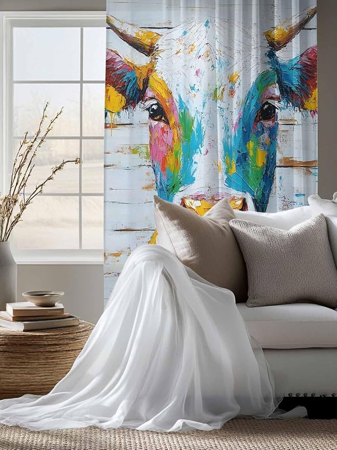 Sheer Curtains 72 Inches Long, Funny Colorful Cow Semi Sheer Curtains Light