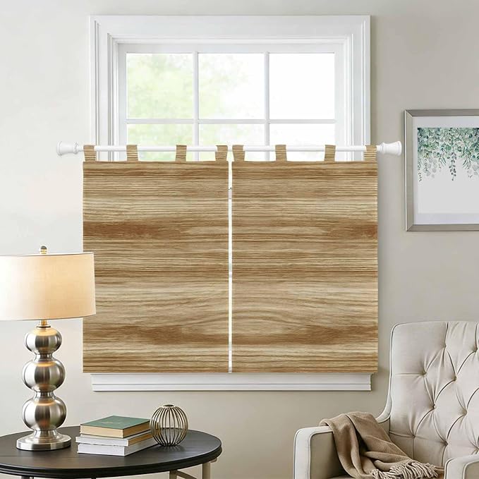 Light Brown Wood Grain Kitchen Curtains 45 Inch Length, Short Cafe Window