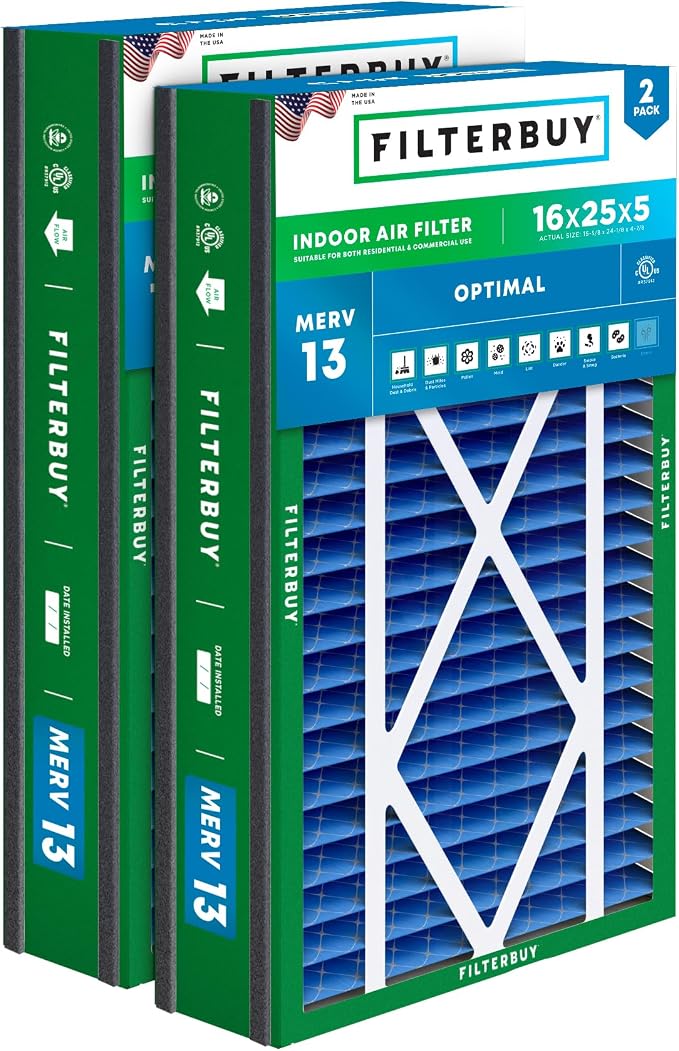 Filterbuy 16x25x5 Air Filter MERV 13 Optimal Smoke & Allergy Defense,