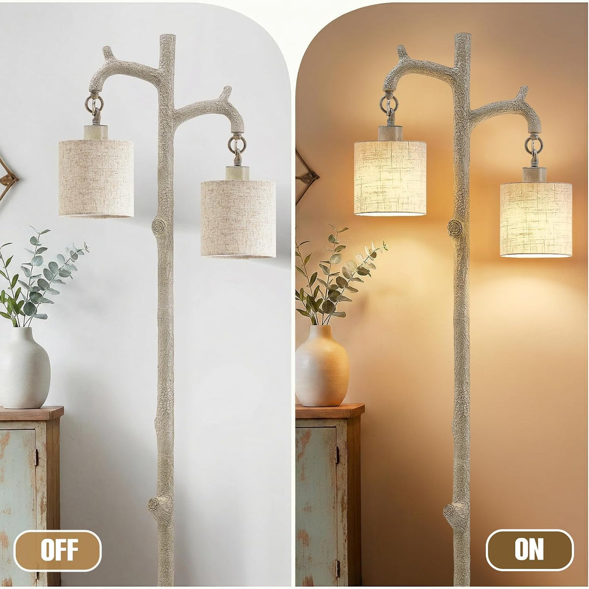 EJIAXIN Floor Lamp for Living Room - 69" Rustic Tree Trunk Standing Lamps - Country Resin Tall Lamp with 2 Reading Light - Farmhouse Floor Lamp for Bedroom Office Home Decor (Grayish White)