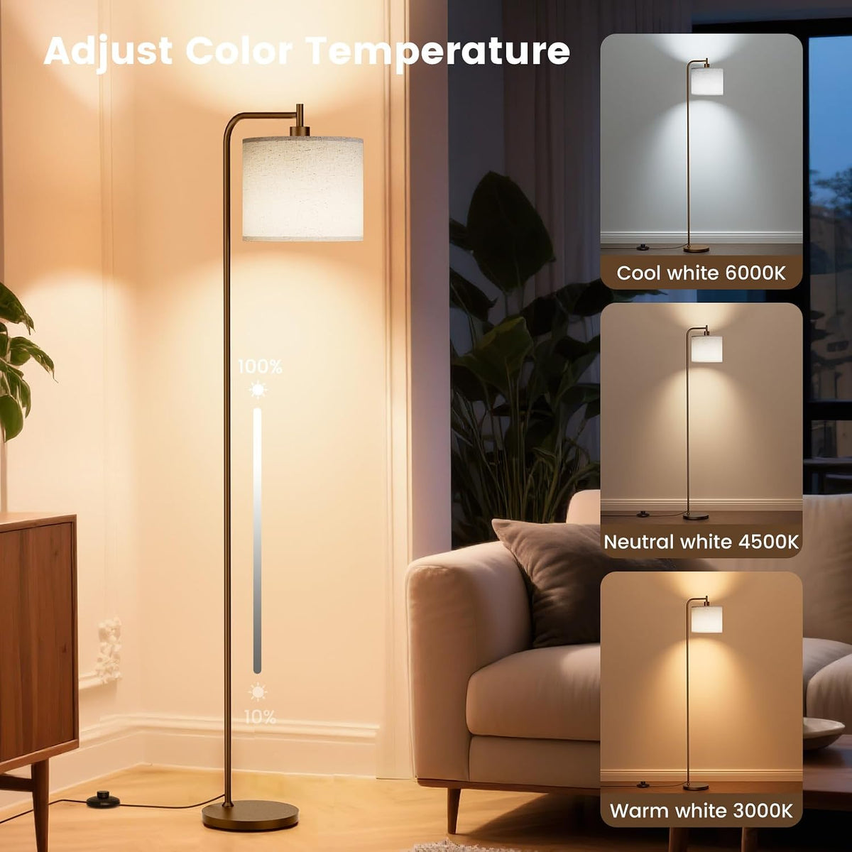 SIBRILLE Floor Lamp for Living Room, Tall Standing Lamp with Linen Shade