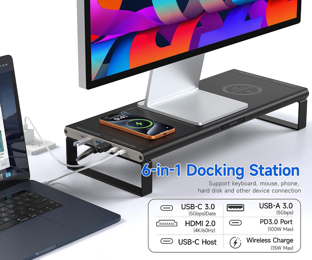 YICOSUN Monitor Stand HUB - Aluminum Riser with 6-in-1 Docking Station: 4K HDMI, USB-C, USB 3.0, PD 100W, Wireless Charging, Drawer Organizer - Black
