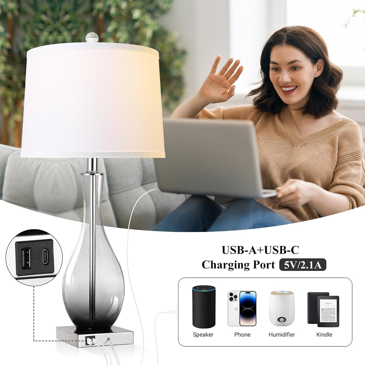 27" Glass Table Lamps with USB Ports, Touch Bedside Desk Lamps Set of 2