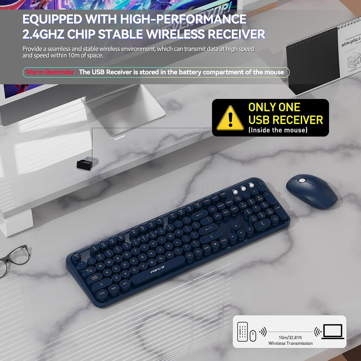 FOPETT Wireless Keyboard and Mouse Combo, 104 Keys Full-Sized 2.4 GHz Round Keycap Colorful Keyboards, USB Receiver Plug and Play, for Windows, Mac, PC, Laptop, Desktop (DarkBlue)