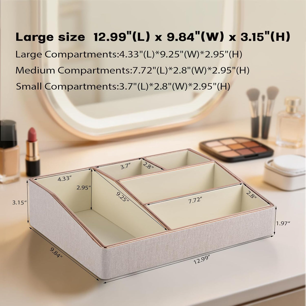 PU Leather Makeup Organizer Tray,Large Vanity Organizer,Cosmetic Storage Box for Lipstick Brushes Skincare Perfume,Cosmetic Display Case Rose Gold-trimmed for Dresser,Bathroom Countertop(Beige)