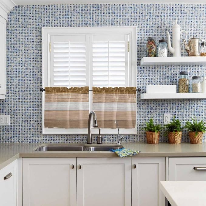 Retro Farm Wood Board Window Valance Curtains, 2 Panel