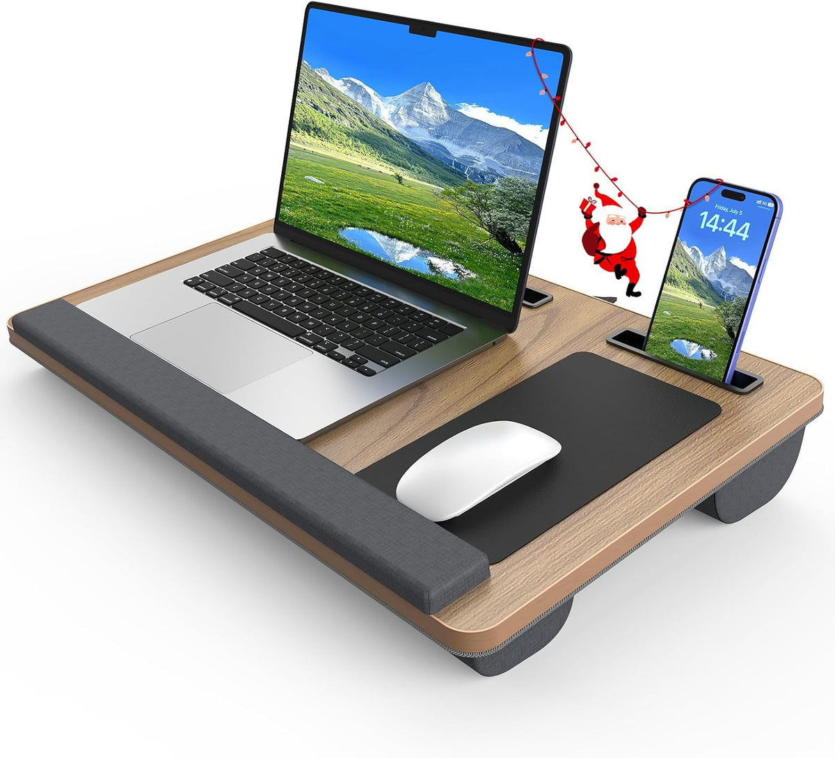 HETTHI Laptop Lap Desk, Portable Large Laptop Desk for Bed, Up to 17 in Lap Table with Wrist Rest, Mouse Pad, Tablet Phone Slot, Portable Handle, Cushion (Dark Brown Woodgrain)