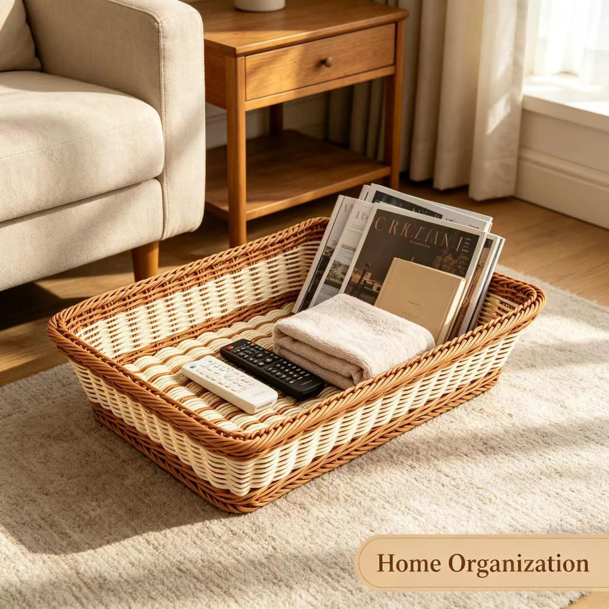 RT&BS 2pcs Wicker Bread Basket for Serving, Wicker Fruit Basket, Display Baskets for Vegetable Fruit, Reusable Handwoven Serving Baskets for Kitchen, Store, Restaurant, Outdoor (Bicolor, M)