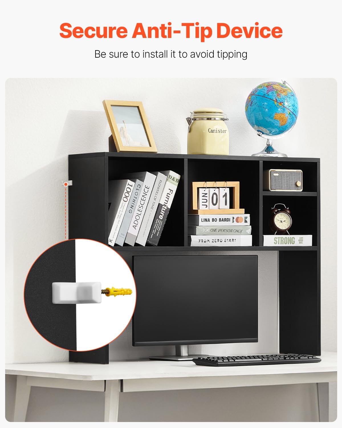 VEVOR Desktop Bookshelf, Storage Organizer with 5 Shelves for Computer Desk, Wooden Shelf Desk Hutch with Anti-Slip Feet Pads, Desk Top Display Rack for Office, Home & Dorm, Black