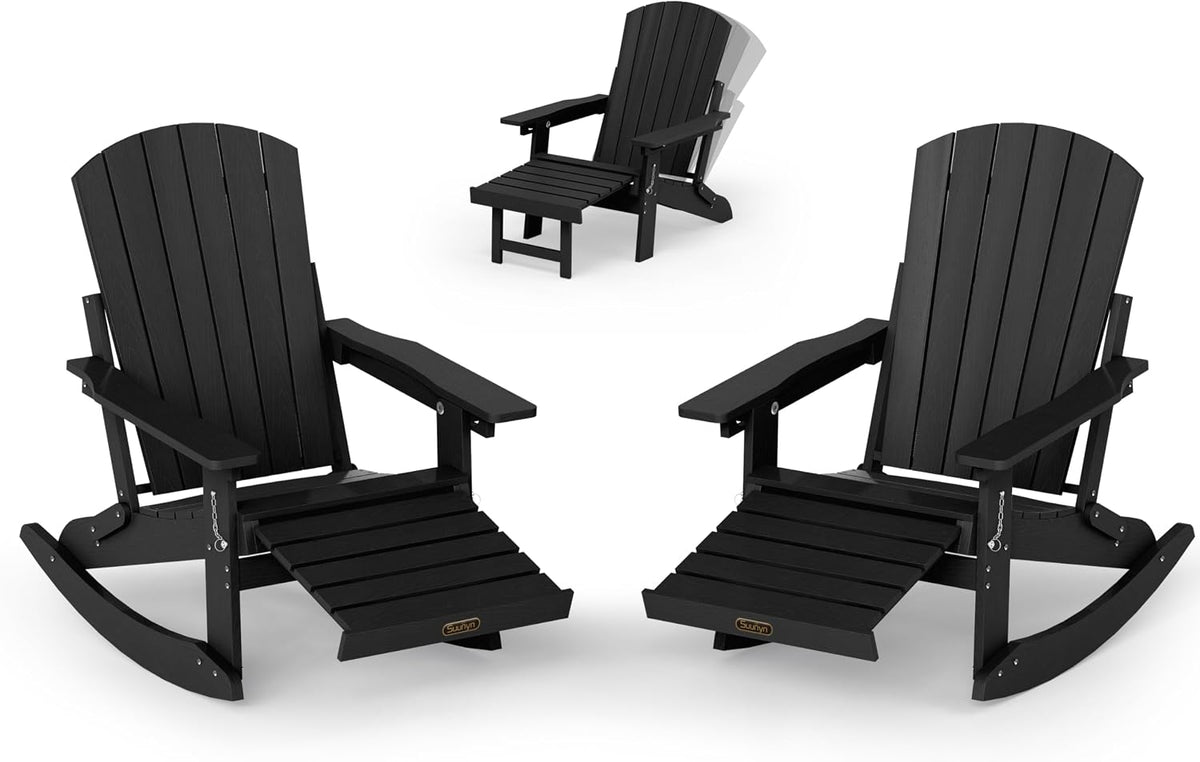 4-in-1 Rocking Adirondack Chair Set of 2, HDPE, Footrest, Black