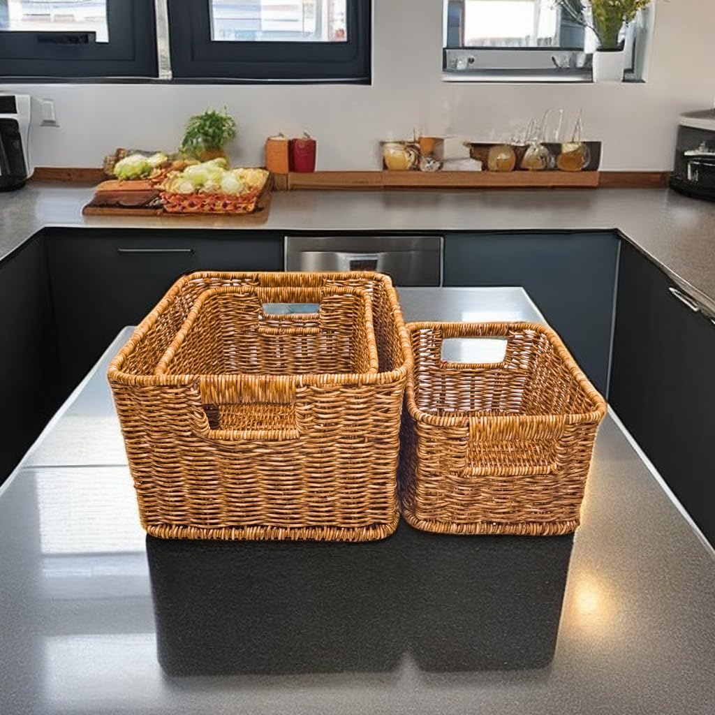 GIB Woven Storage Baskets for Organizing, Plastic Wicker Storage Baskets for Shelves, Waterproof Rectangular Storage Bins Organizers for Closet Pantry Table, Set of 3, Brown