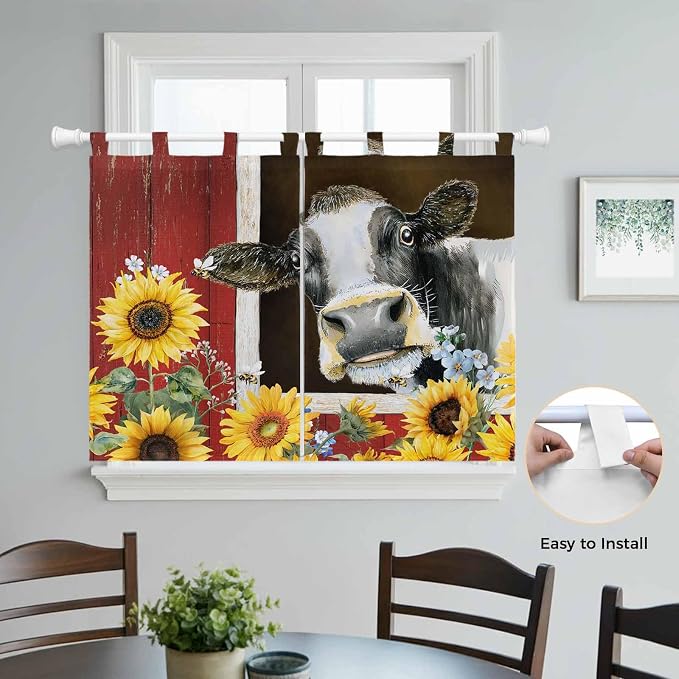 Cows Sunflowers Kitchen Curtains 45 Inch Length, Short Cafe Window Curtains Tab