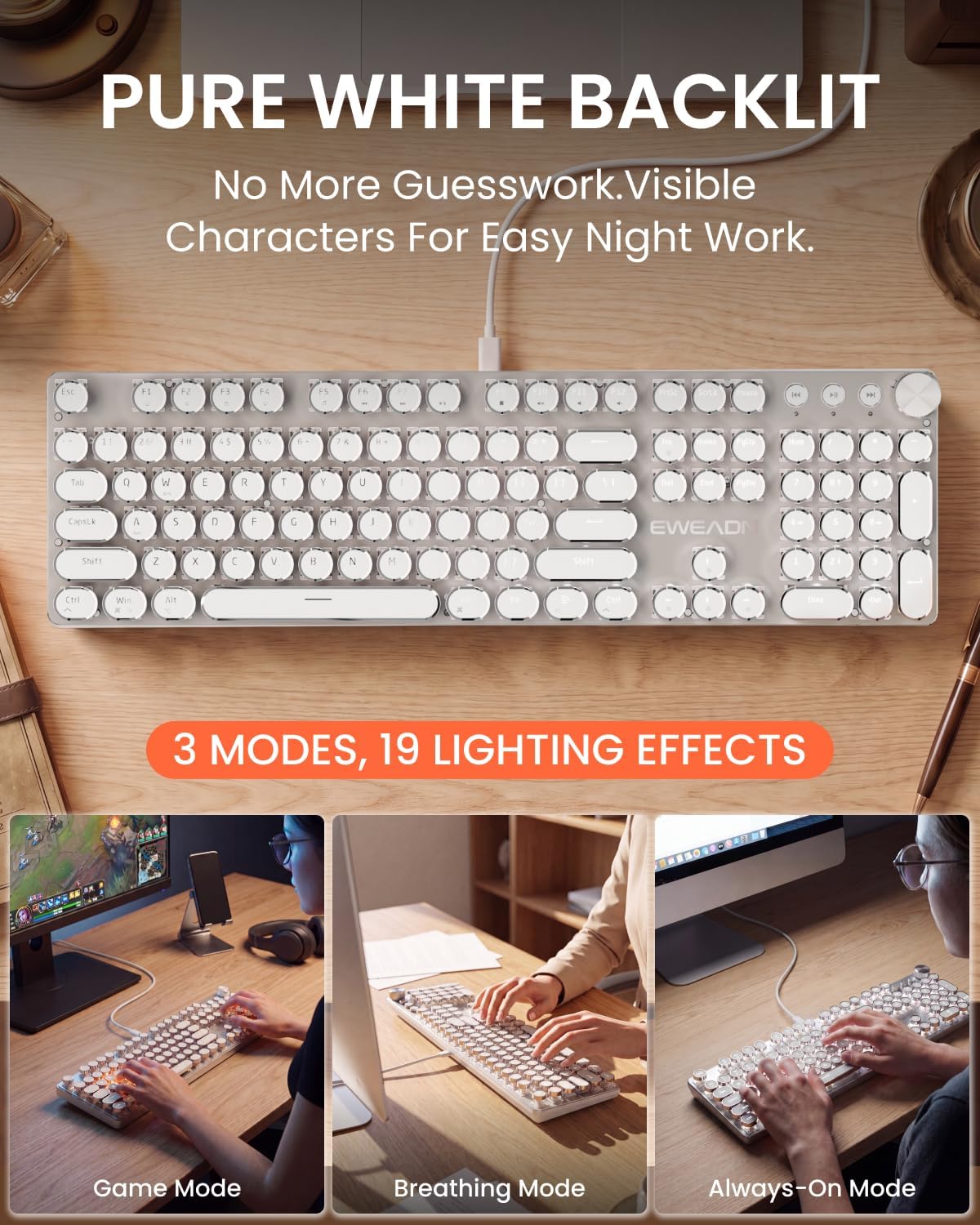 Wired Typewriter Mechanical Keyboard, Retro Punk Keyboard with Media Knob