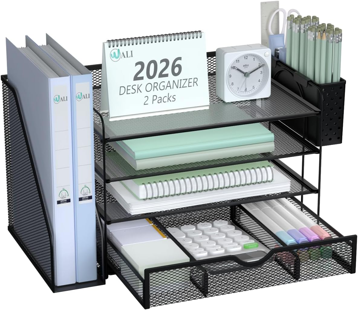 WALI Desk File Organizer, 4 Tier Desktop Paper Letter Tray Organizer with Drawer and 2 Pen Holders, Office Desk Accessories & Workspace Organizers for Office, Home Supplies(DO005DH-2B), 2 Packs, Black