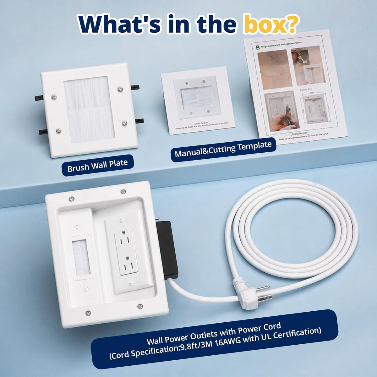in Wall Cable Management Kit, TV Cable Hider Wall Kit, Hide Messy Wires, Recessed Outlet Box with 9.8FT Cord for Wall Mount TV, Home Theater, Cords Organizer, Living Room, Family Room, Office
