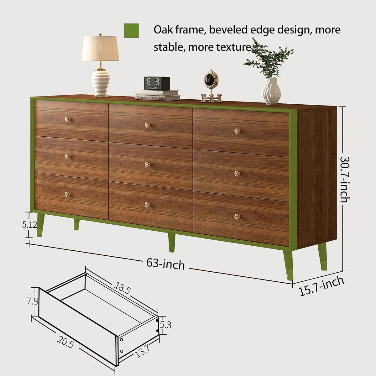Messenya Dresser for Bedroom, 63 Inch 9 Drawer Wooden Chest of Drawers