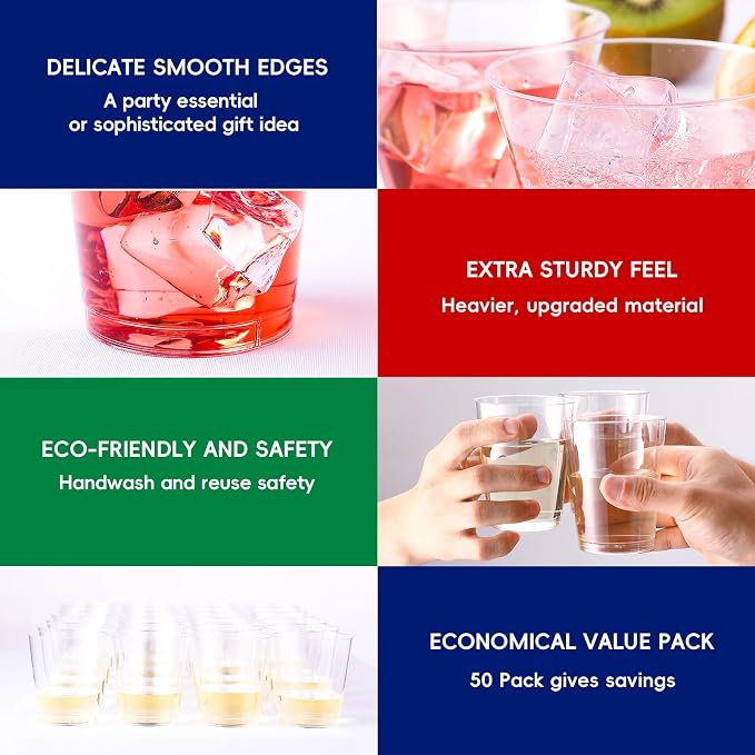 JOLLY CHEF 14 oz Clear Plastic Cups, 50 Pack Heavy-duty Party Glasses,