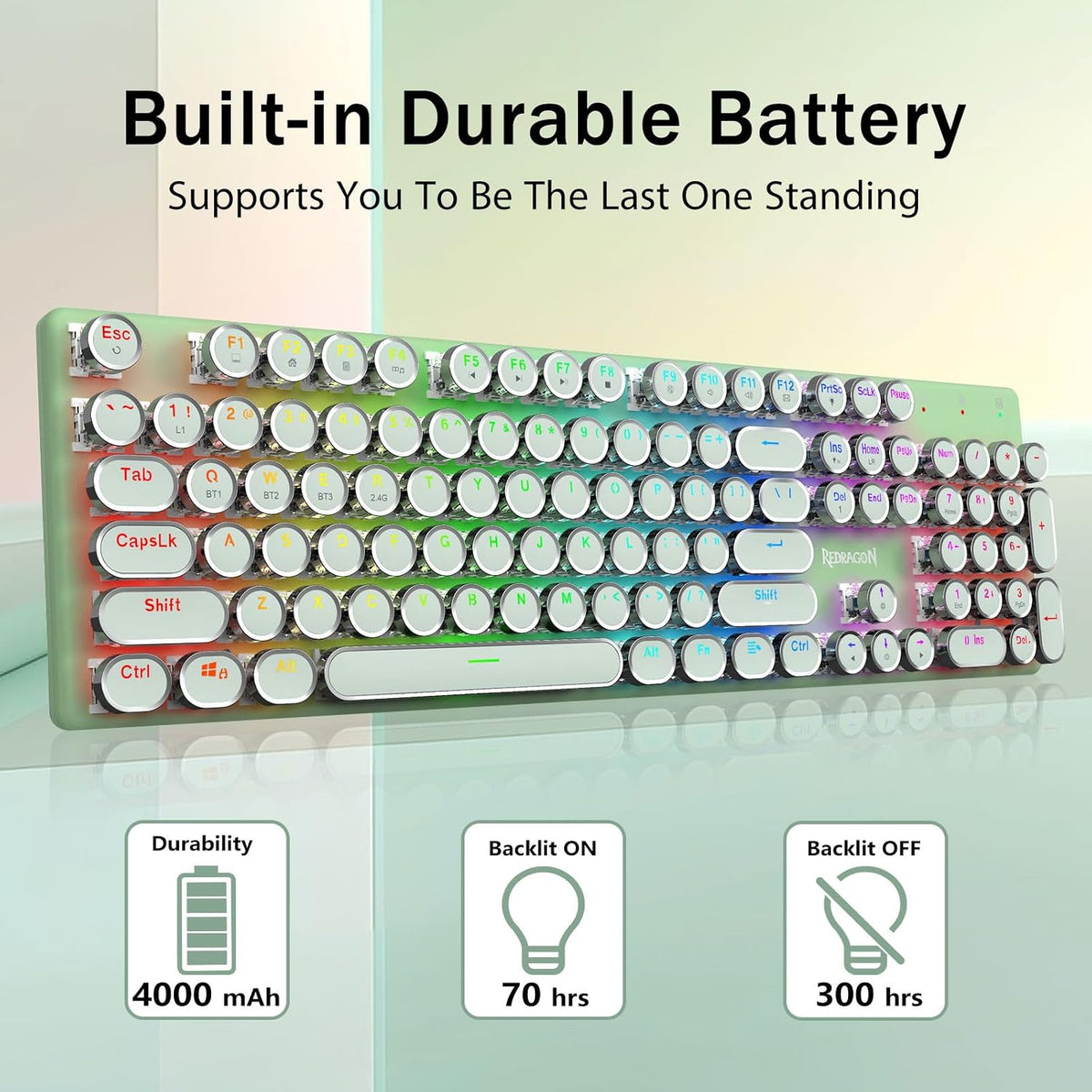 Redragon K710 Wireless Typewriter Mechanical Gaming Keyboard, Green
