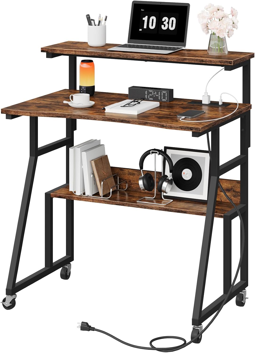 CHOEZON Rolling Computer Desk with Charging Station, 31.5 Inch Mobile Desk with Adjustable Monitor Stand & Storage Shelf, Laptop Table for Home Office, Small Space, Rustic Brown and Black TDN03UBF