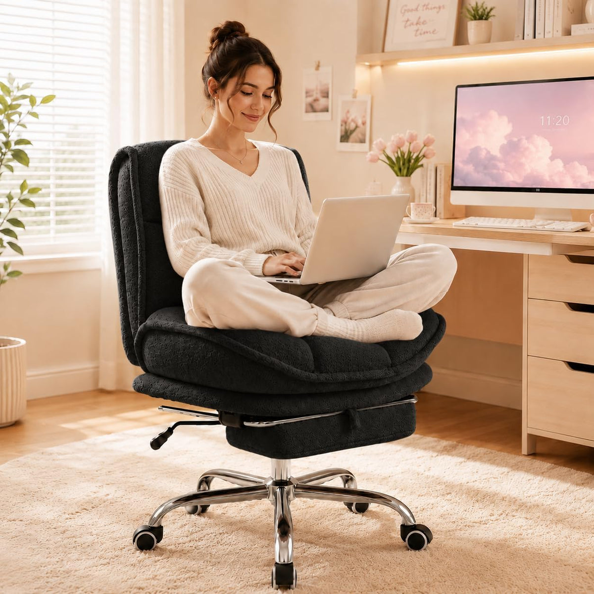 Criss Cross Office Chair, Armless Cross Legged Office Chair with Footrest