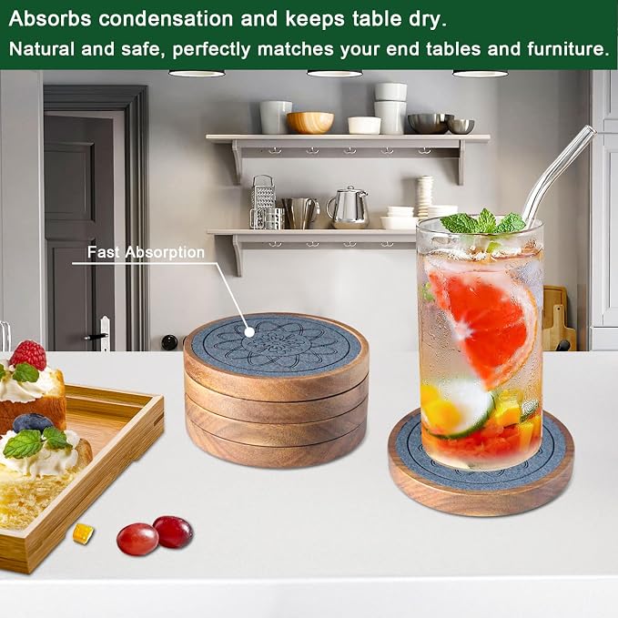 Wood Coasters for Drinks, Absorbent Coaster Sets of 5, Drinks Coasters for