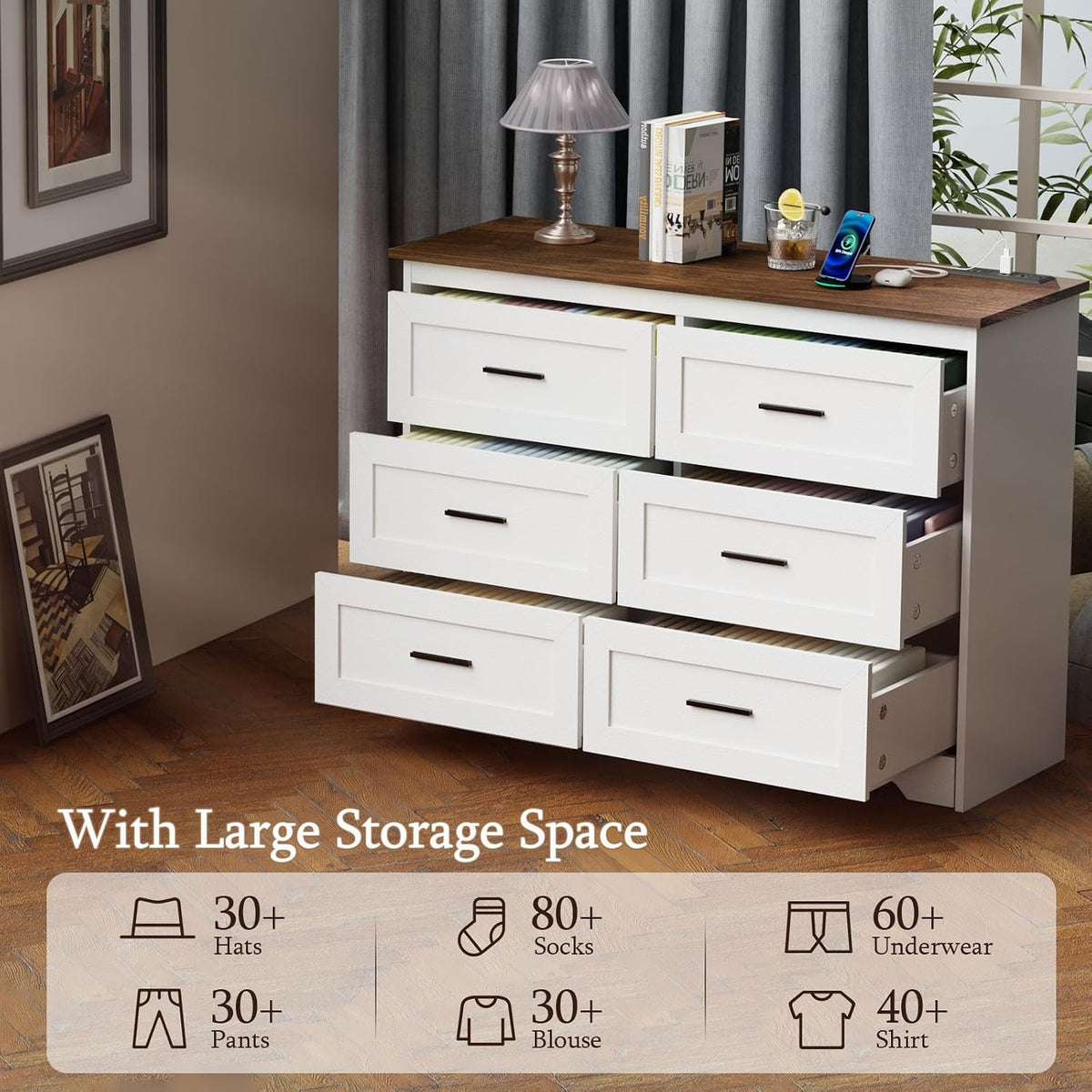GEPELCN Farmhouse Dresser for Bedroom 6 Drawers Dresser with Power Outlets Rustic Chest of Drawers with Natural Texture White Organizer for Living Room Hallway