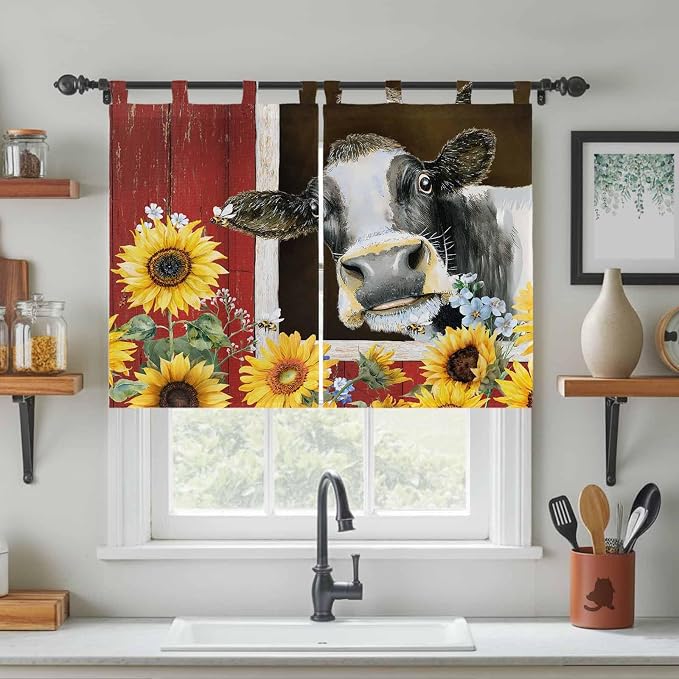 Cows Sunflowers Kitchen Curtains 45 Inch Length, Short Cafe Window Curtains Tab