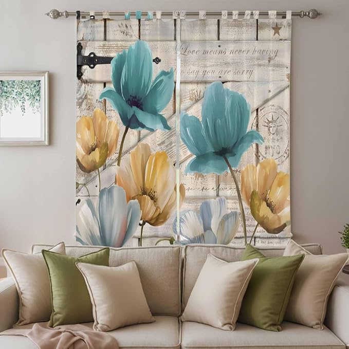 Watercolor Flowers Living Room Curtains 84 Inch Length, Window Curtains Tab Top
